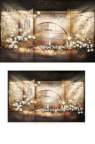 新中式婚礼合影区效果图香槟色浪漫背景板