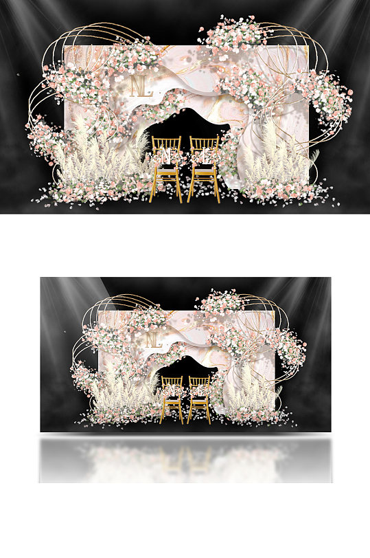 粉金色大理石曲线婚礼合影迎宾背景板-众图网