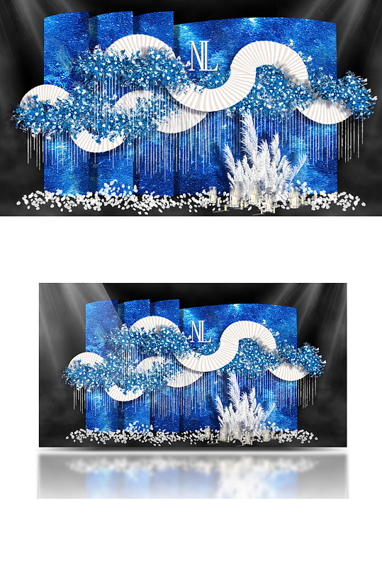 弧形背景折纸星空婚礼留影区蓝色梦幻背景板-众图网