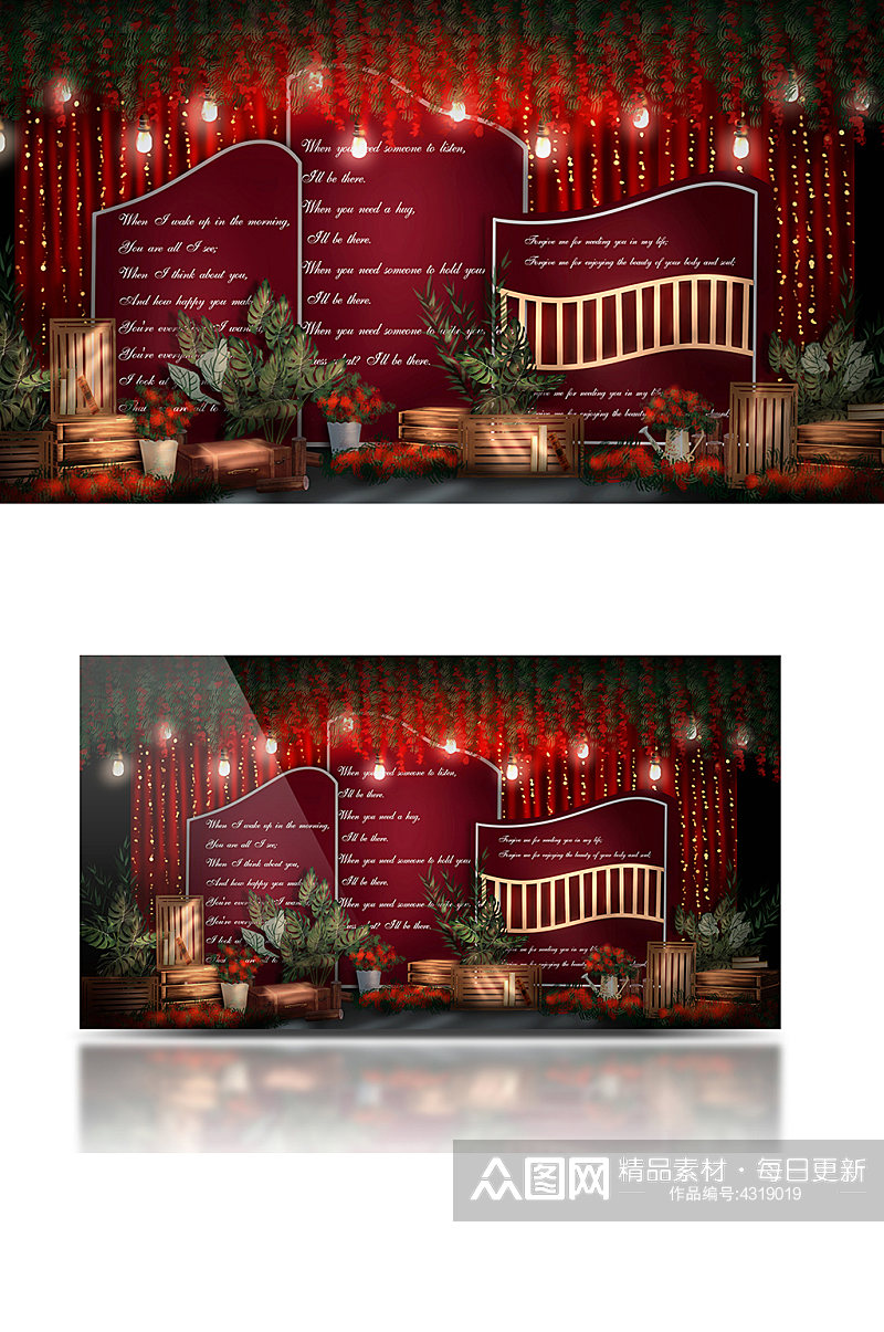 欧式宫廷红色婚礼效果图大气合影背景板素材