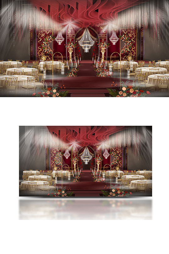新中式婚礼合影区效果图红金色浪漫舞台