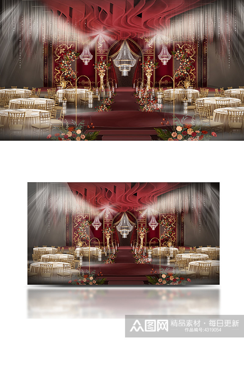 新中式婚礼合影区效果图红金色浪漫舞台素材