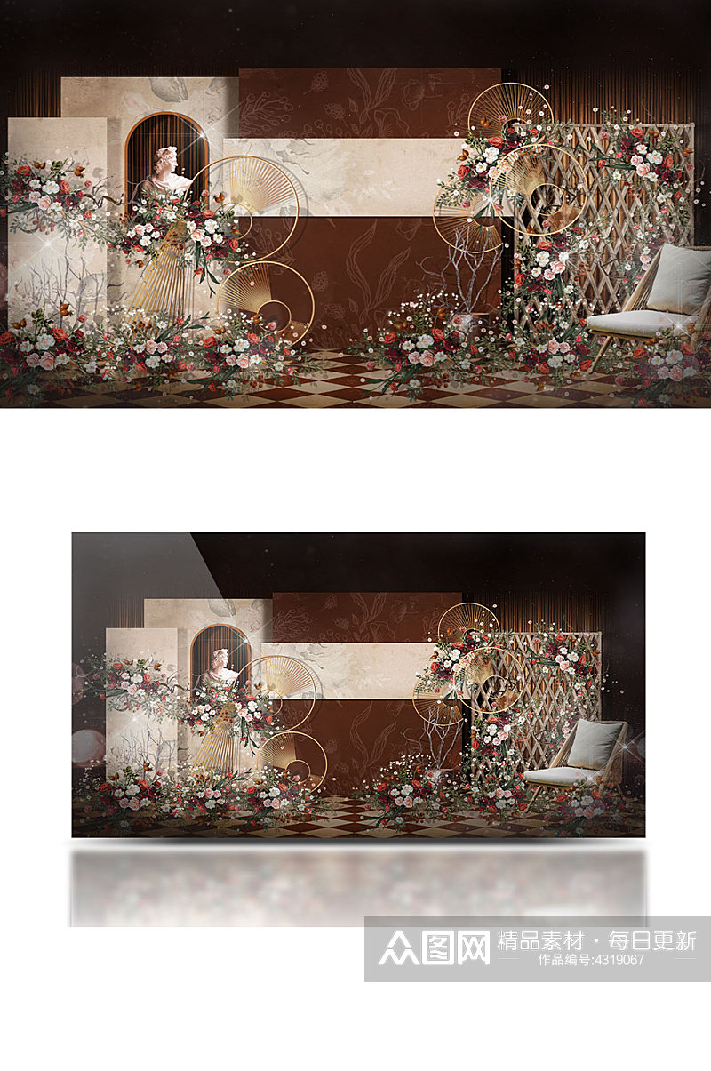 棕色咖色秋色婚礼效果图合影区迎宾区背景板素材
