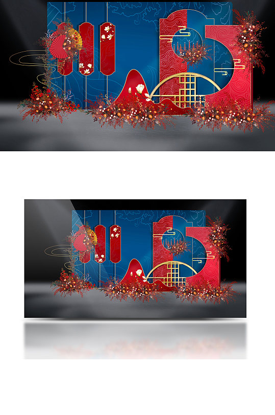 莫兰迪红蓝色撞色婚礼效果图合影背景板-众图网