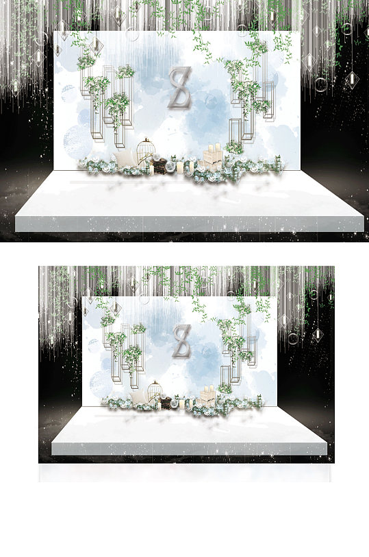 水彩晕染蓝色简约大气婚礼工装效果图舞台-众图网