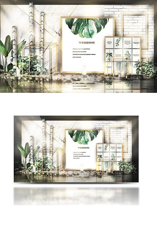 大理石婚礼合影区效果图白金绿清新背景板-众图网