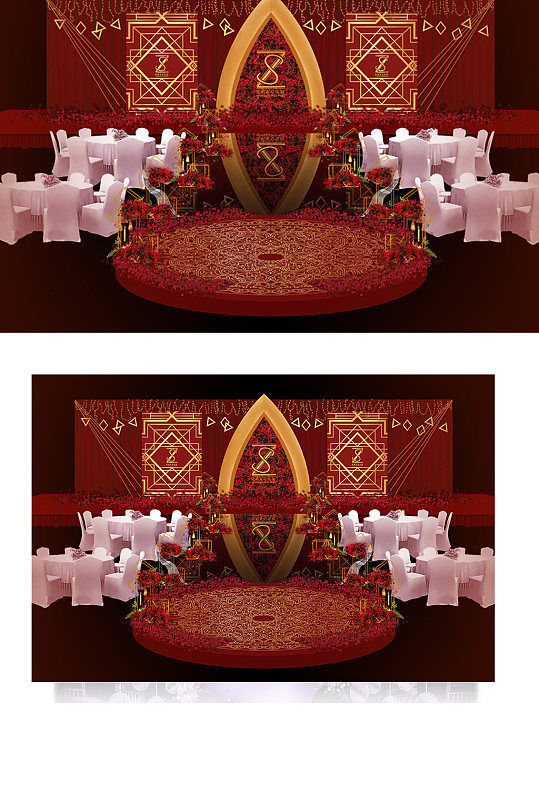 欧式复古红金盖茨比婚礼主舞台效果图背景-众图网