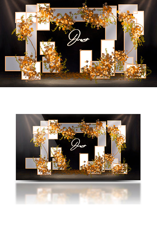 橙色婚礼迎宾舞台效果图合影背景板花朵-众图网
