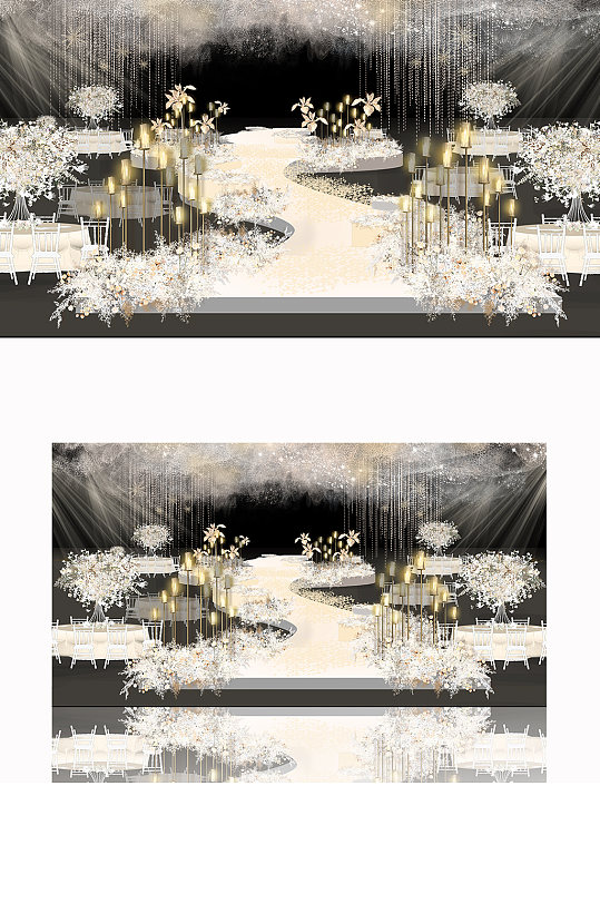 香槟婚礼水晶珠串吊顶银河婚礼效果图舞台-众图网