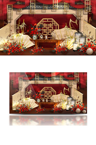 大气酒红色中式婚礼效果图合影背景板