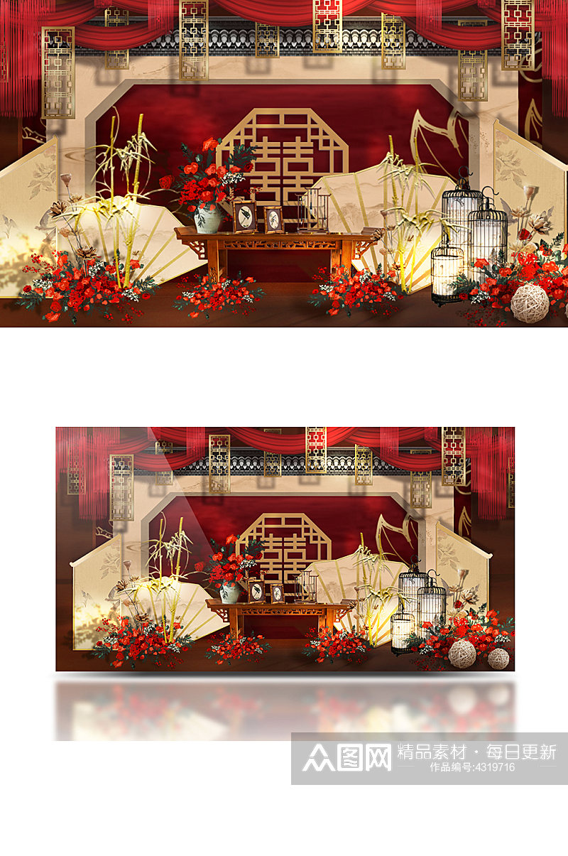 大气酒红色中式婚礼效果图合影背景板素材