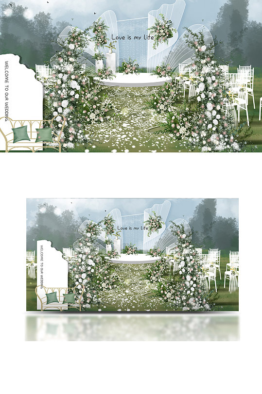 户外草坪婚礼效果图白色清新浪漫仪式区-众图网
