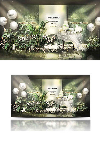 森系婚礼合影区效果图轻奢白绿色背景板