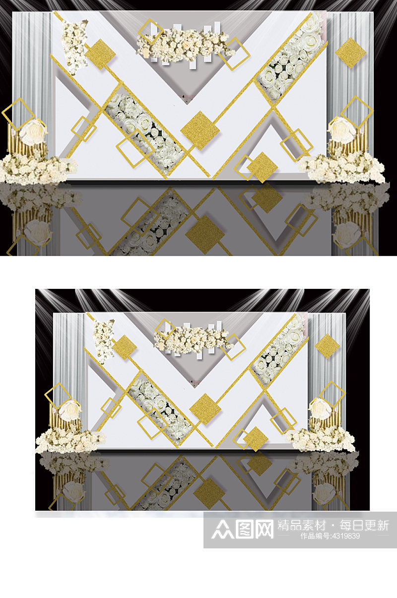 灰白金色婚礼迎宾合影区效果图背景板素材