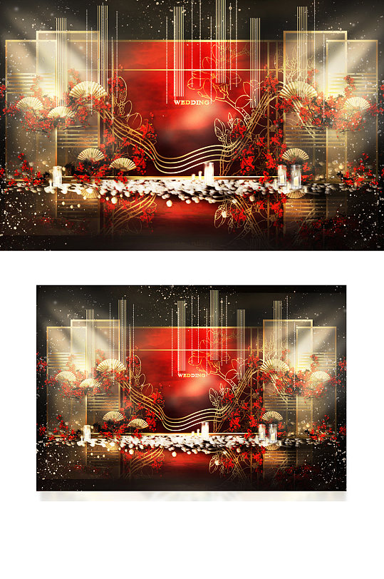 新中式婚礼合影区效果图红金色浪漫舞台-众图网