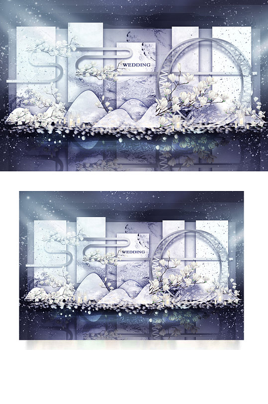 新中式婚礼合影区效果图蓝色梦幻背景板-众图网