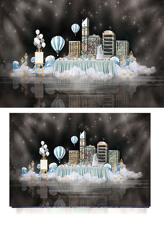 淡雅蓝色旅行主题婚礼甜品区效果图热气球