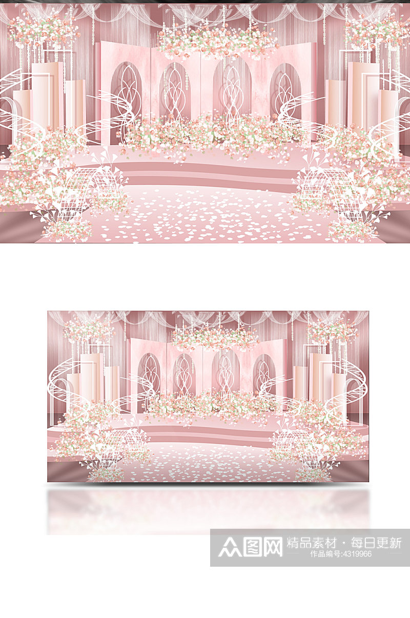 简约粉色婚礼舞台效果图清新唯美迎宾背景素材