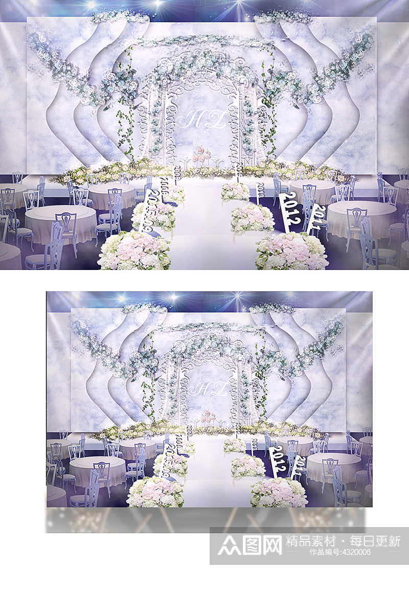蓝紫色纹理婚礼工装效果图梦幻唯美舞台素材