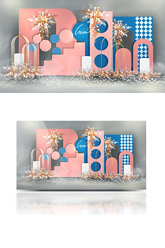 浪漫风粉蓝撞色婚礼手绘效果图可爱背景板