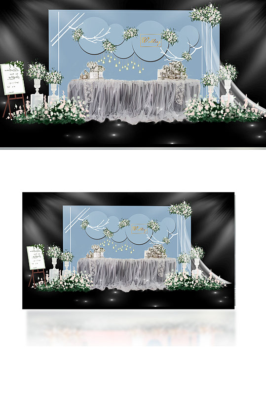 婚礼效果茶歇背景清新蓝色签到区合影-众图网