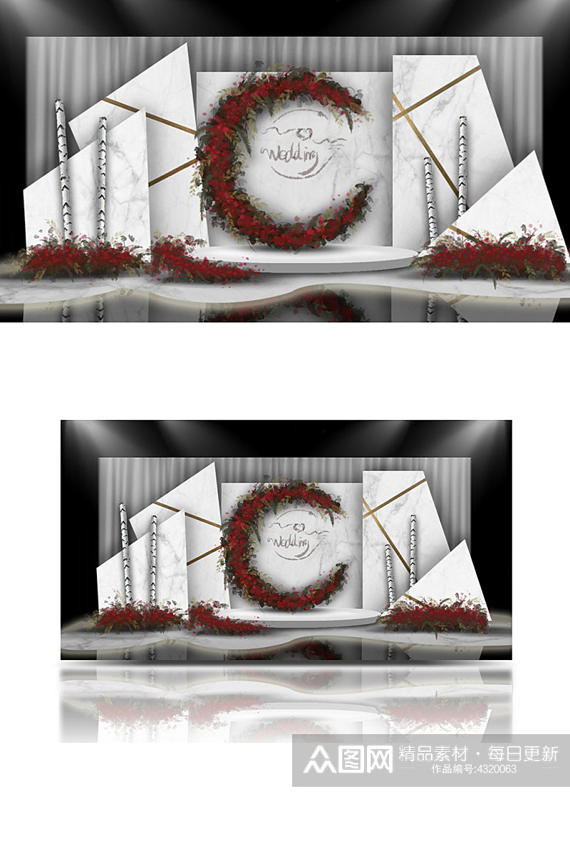 kt版层次简约红色大理石婚礼效果图背景板素材