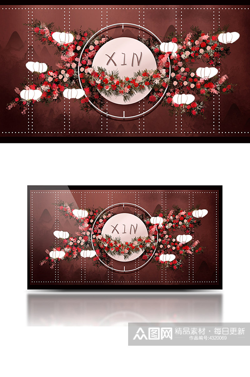 中式红色婚礼迎宾区背景板合影浪漫大气素材