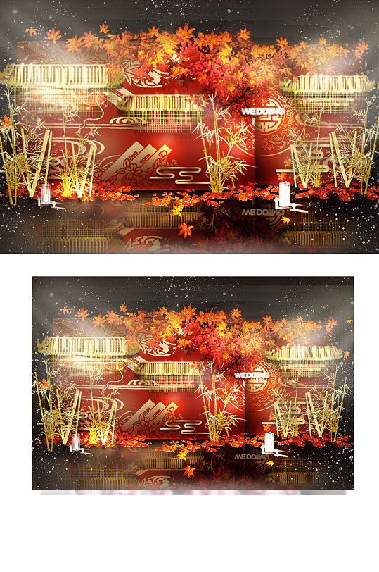 中式婚礼合影区效果图大气轻奢红金色浪漫-众图网