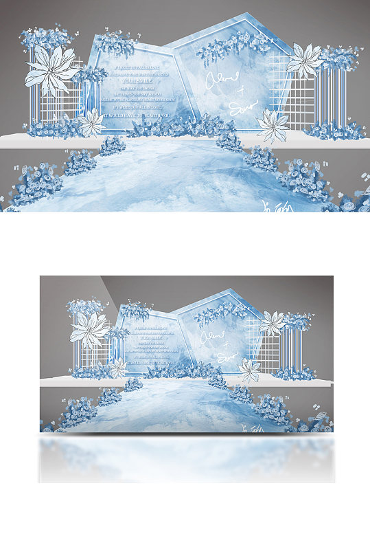 白蓝色晕染婚礼手绘传统舞台梦幻效果图-众图网