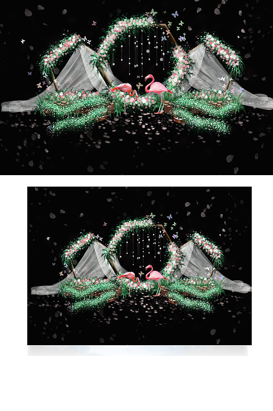 粉色户外火烈鸟背景效果绿色创意婚礼背景-众图网