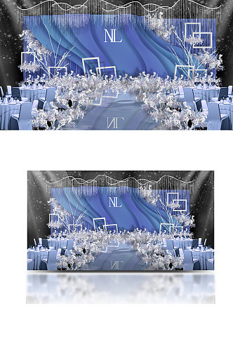 蓝白色婚礼舞台区效果图浪漫唯美温馨
