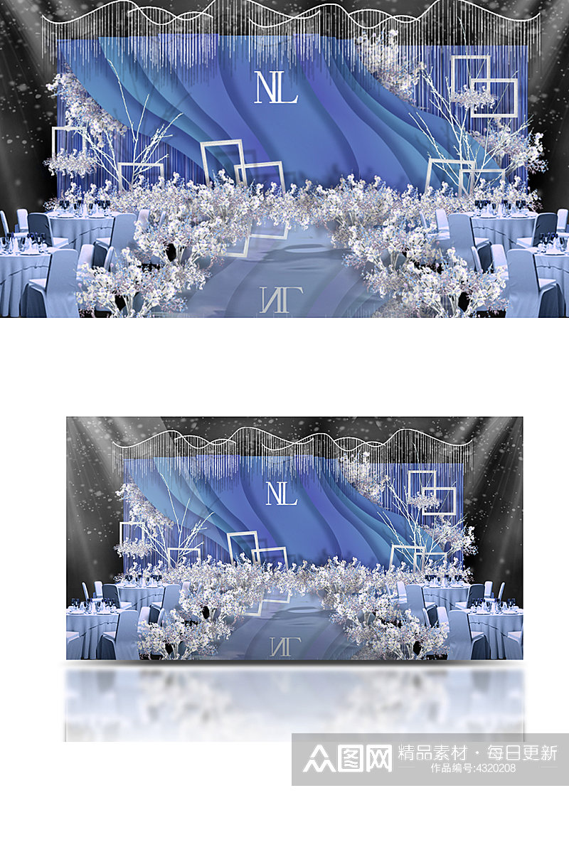 蓝白色婚礼舞台区效果图浪漫唯美温馨素材