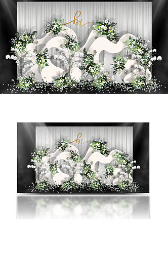 小清新弧形森系婚礼效果图白绿色背景板