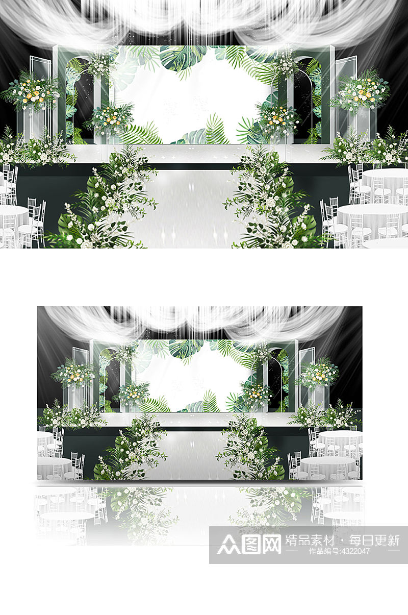 绿白婚礼设计清新温馨舞台仪式区浪漫效果图素材