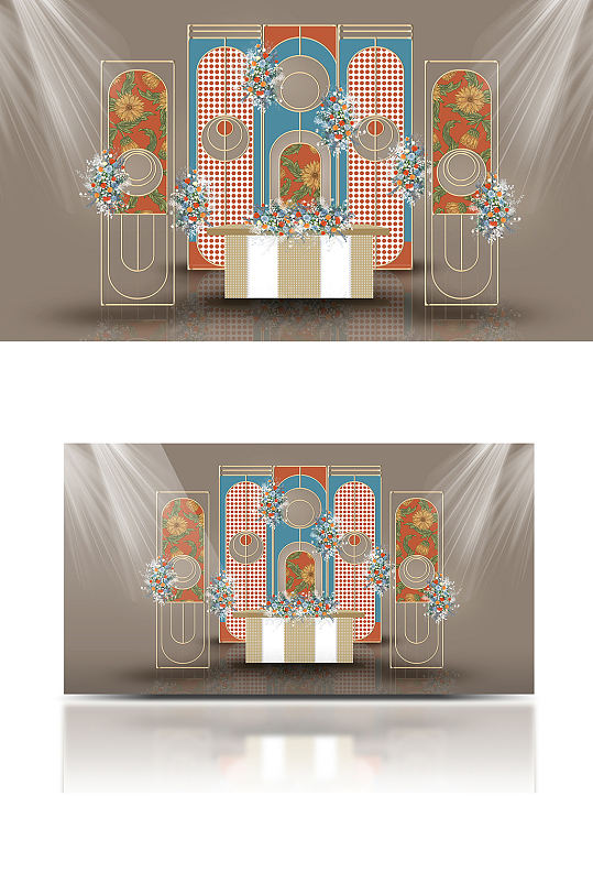 蓝橙撞色田园风婚礼效果图创意合影背景板-众图网