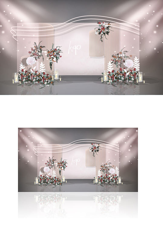 粉金简约小清新浪漫婚礼效果图合影背景板-众图网