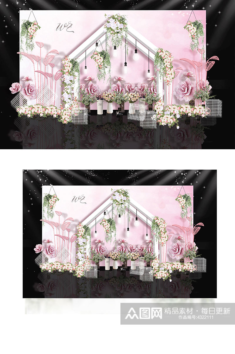 粉色水彩花房婚礼迎宾区效果图梦幻背景板素材