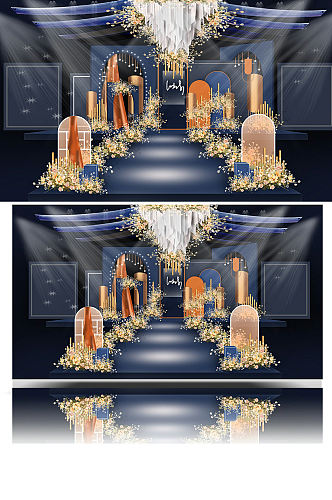 现代蓝橘撞色婚礼效果图大气舞台仪式区