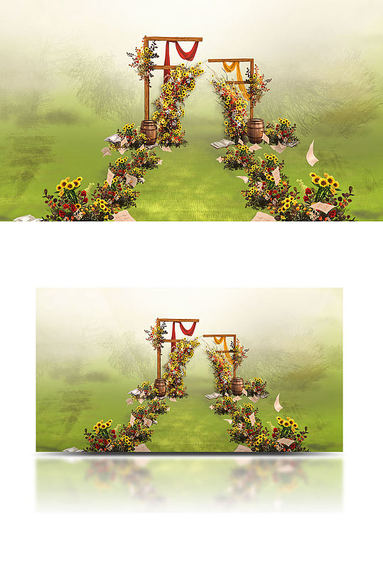 原创户外婚礼场景简约木质复古草坪-众图网