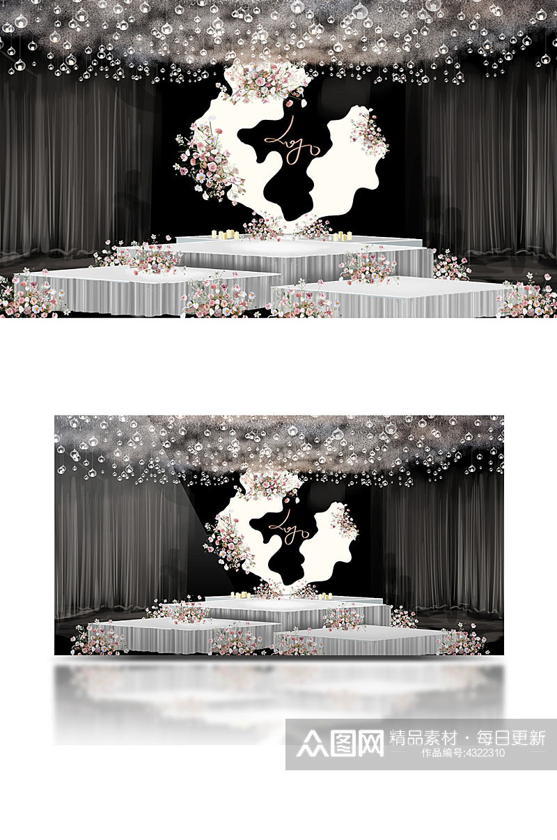 原创白粉色婚礼效果图舞台圆形仪式区梦幻素材