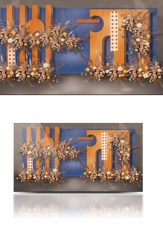 蓝橙色橘色婚礼迎宾区拍照区效果图背景板-众图网