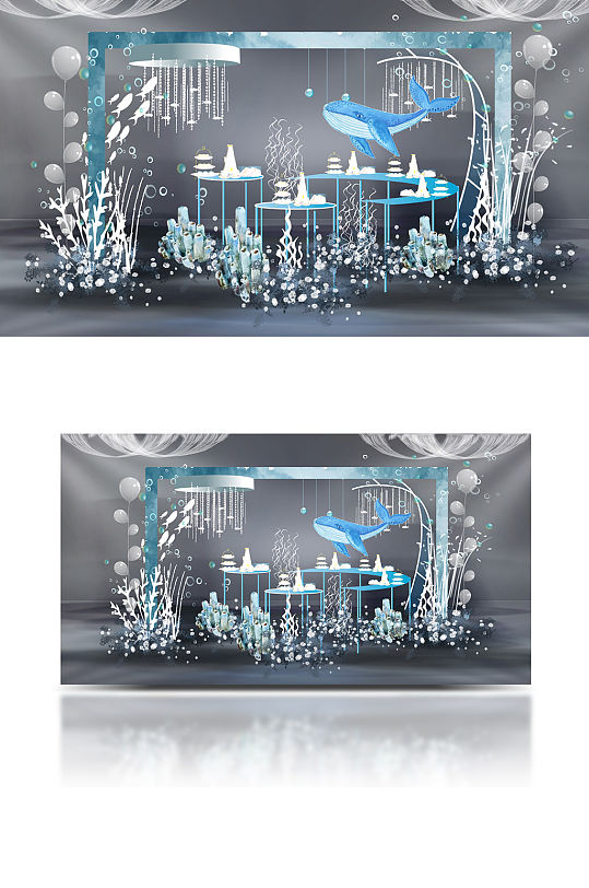 蓝色海洋婚礼甜品设计梦幻合影卡通生日宴-众图网