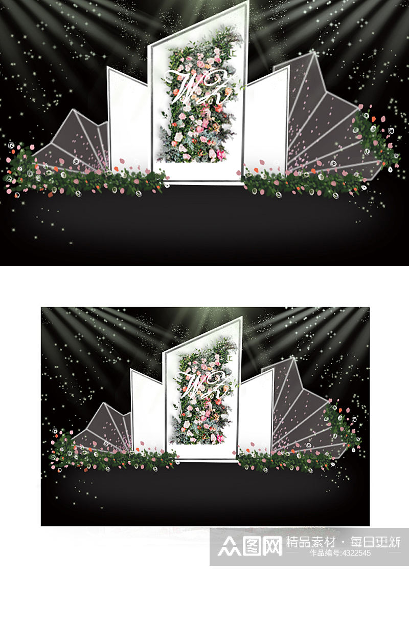 简约红白大理石几何舞台婚礼效果图背景板素材