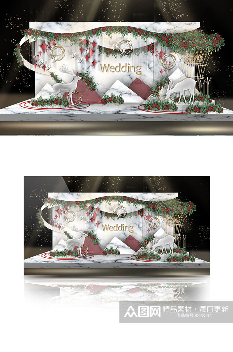 合影红白大理石几何舞台婚礼效果图背景板素材
