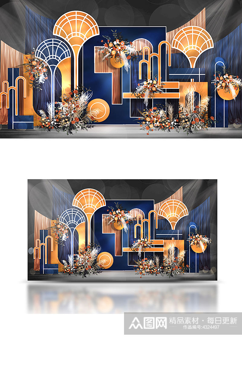 橙蓝撞色高级感异形边框婚礼效果图背景板素材