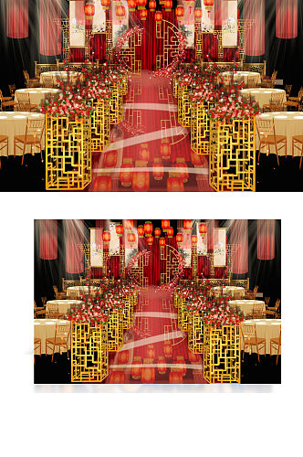 新中式红色婚礼效果图金色舞台仪式区大气