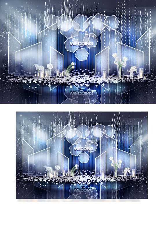 蓝色婚礼合影区效果图梦幻唯美迎宾背景板-众图网