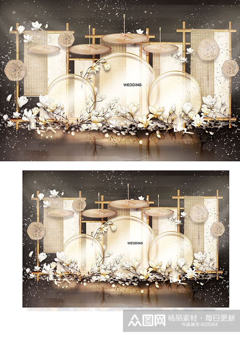 新中式婚礼合影区效果图中国风香槟色背景板素材