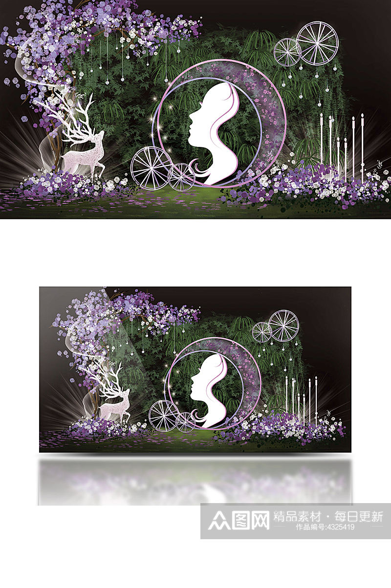 原创室内森系婚礼效果图紫色梦幻合影背景板素材