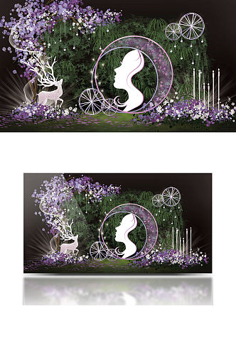 原创室内森系婚礼效果图紫色梦幻合影背景板